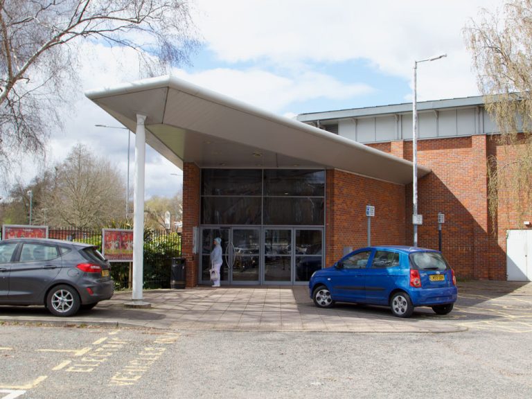 The entrance from the car park