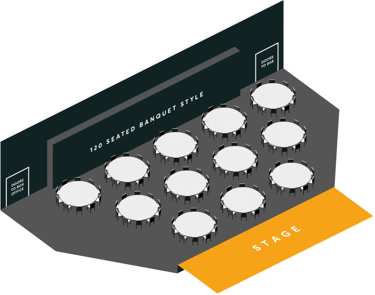 Diagram showing banquet-style seating for 120 people