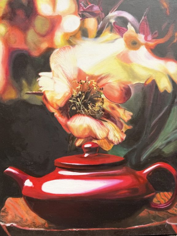 Photograph of a painting of a teapot billowing fragrance by ForamArtsy