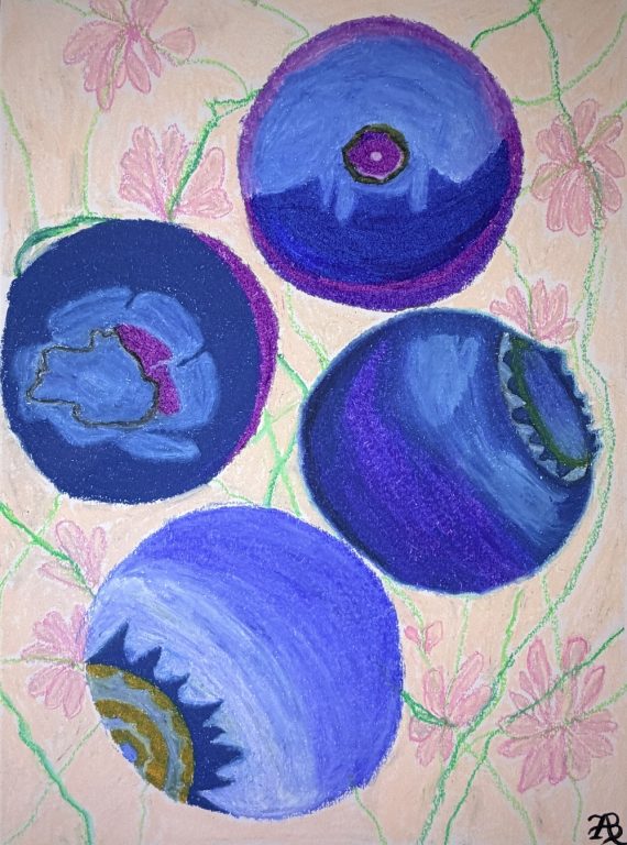 Photograph of a painting of four blueberries by ForamArtsy